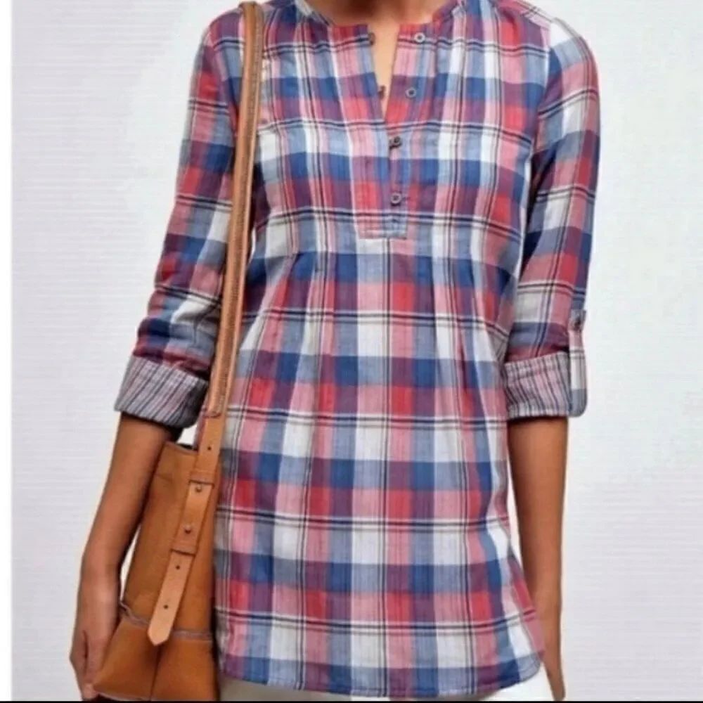 NWT Anthropologie Holding Horses Hi Lo Roll Tab Sleeve Plaid Tunic Size 4